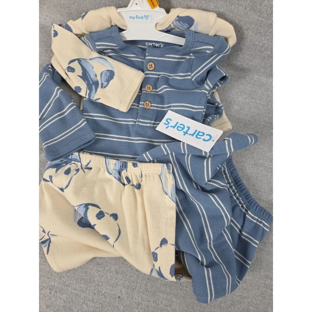 Carters Newborn Baby Sleep Gown Set Panda Bears Blue Stripes Soft Comfort NEW